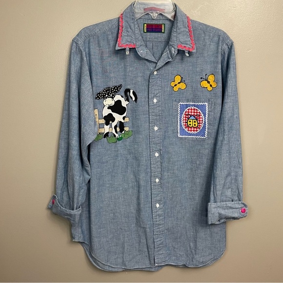 Hand Crafted Tops - Vintage Upcycled Hand crafted Chambray size 16 1/2 sunflowers cow cottagecore